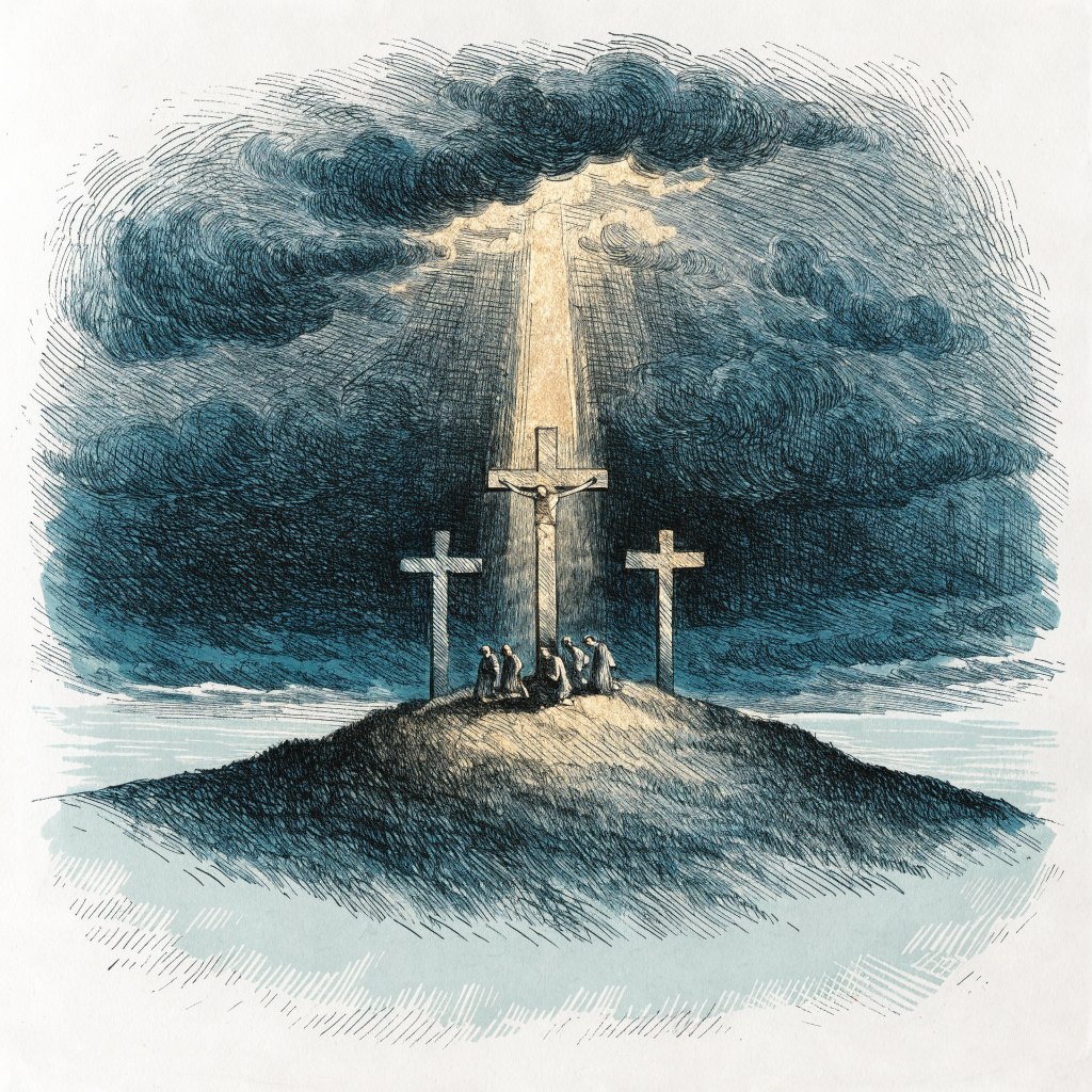 Engraved illustration: three crosses on a hill under a dark sky, the center cross lit from above
