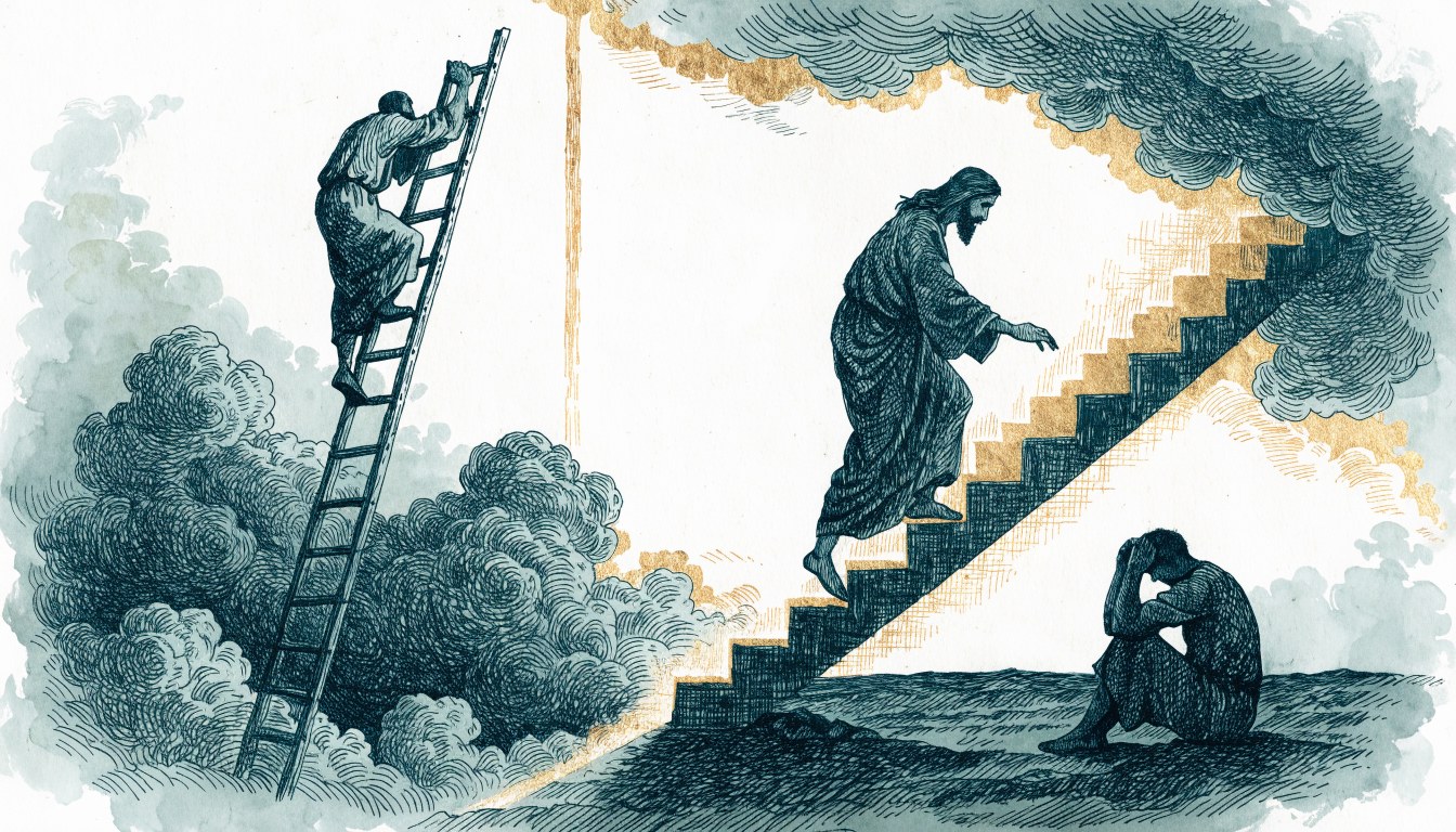 Engraved illustration: a man climbs a ladder that ends in empty sky, while Christ comes down a golden stair toward a man sitting on the ground with his head in his hands