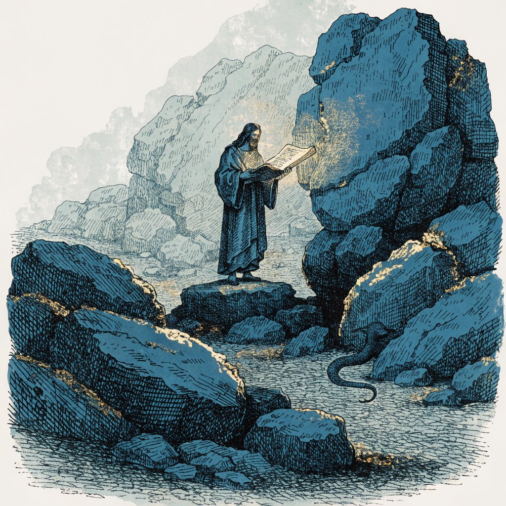 Engraved illustration: Jesus standing on a rock in the wilderness with the Scriptures open in his hands, a serpent slipping away