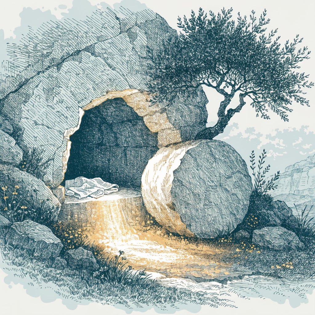 Engraved illustration: the stone rolled away from an empty tomb, folded grave cloths inside, dawn light pouring out