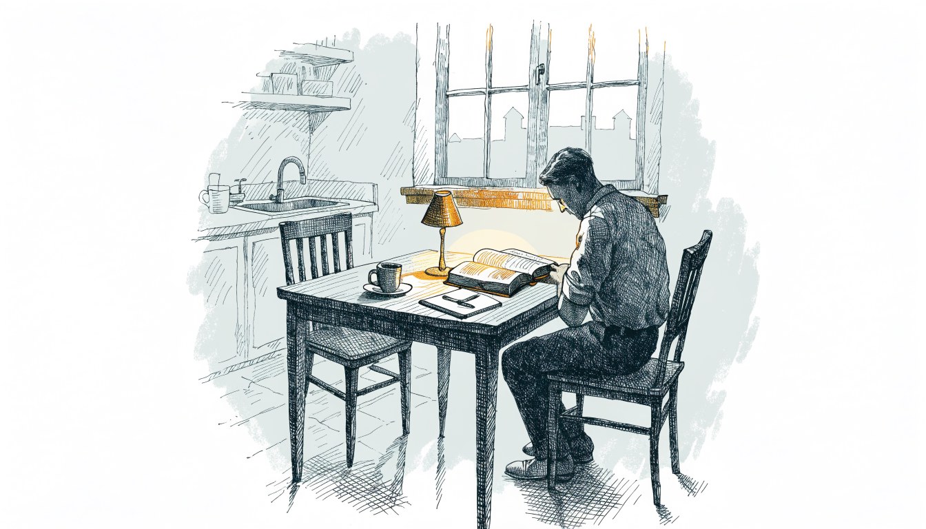 Engraved illustration: a man at a kitchen table before dawn, an open Bible under a small lamp, a notebook and a mug of coffee beside it