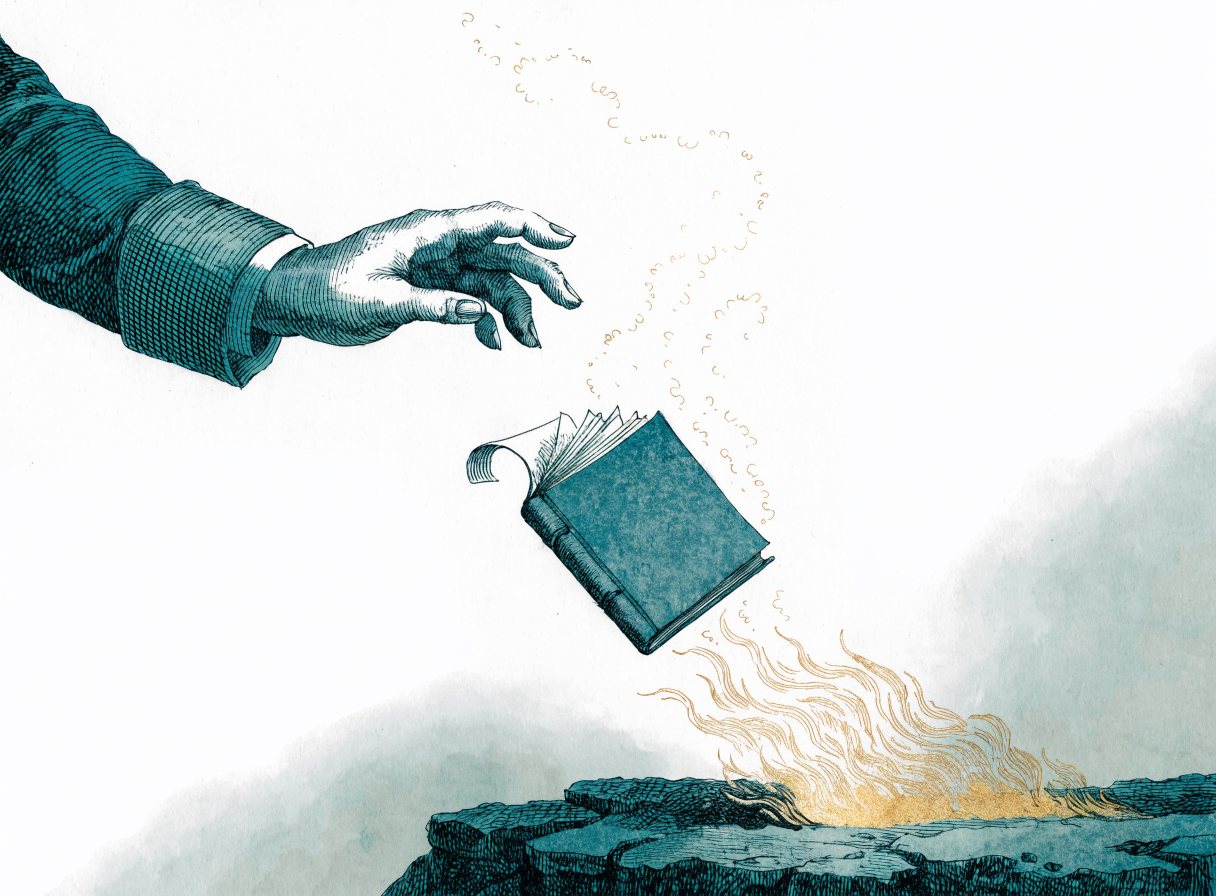A hand releasing a ledger into golden light