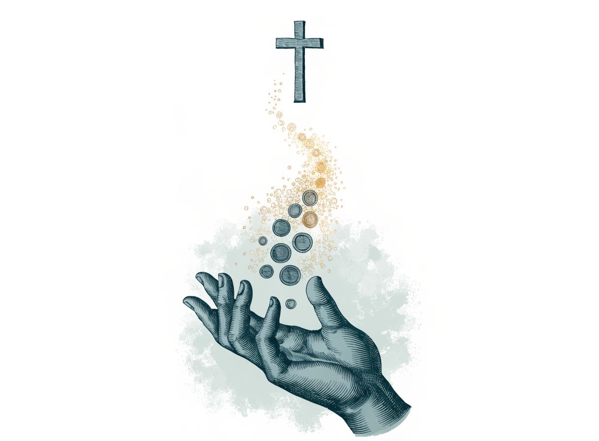 An open hand under a cross, coins turning to light as they leave it