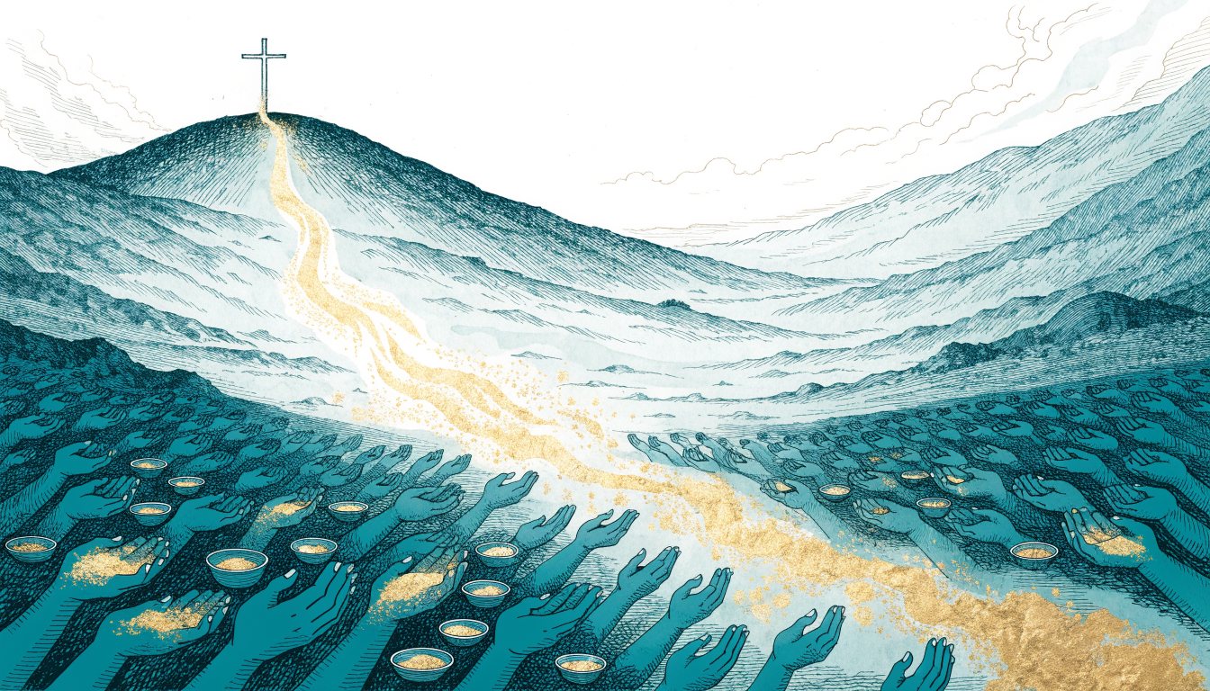 A river of light flowing from a cross into many open hands
