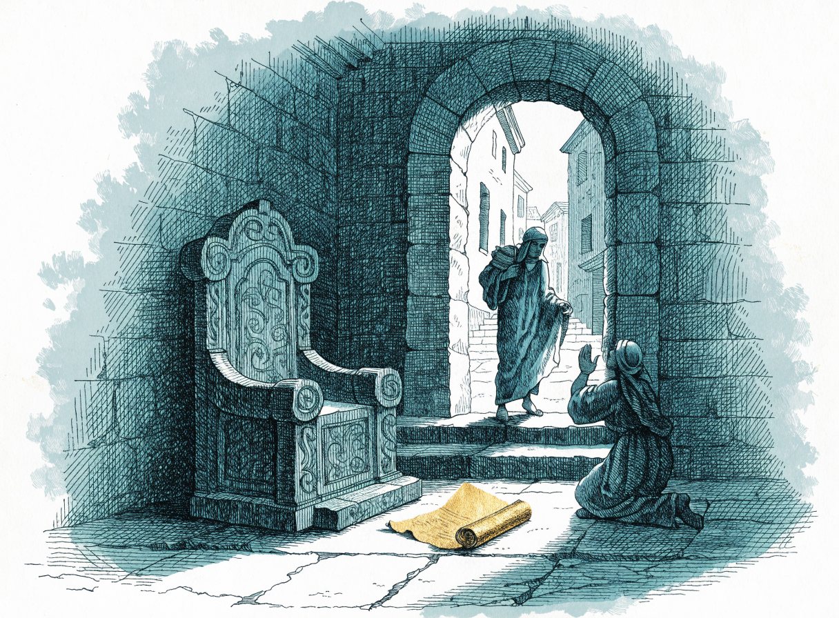 A forgiven servant walking out of the king's hall into the street