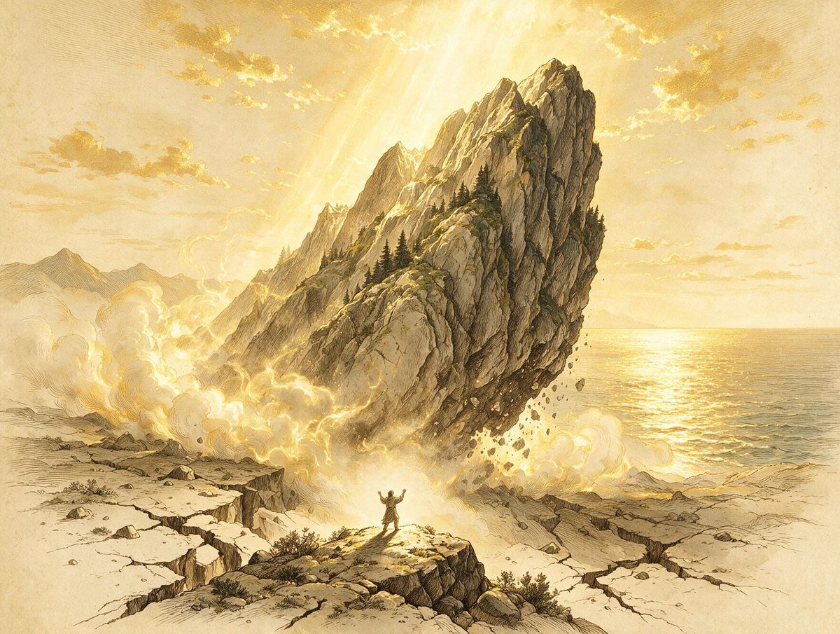 A mountain lifted by light and carried toward the sea while a small figure prays below