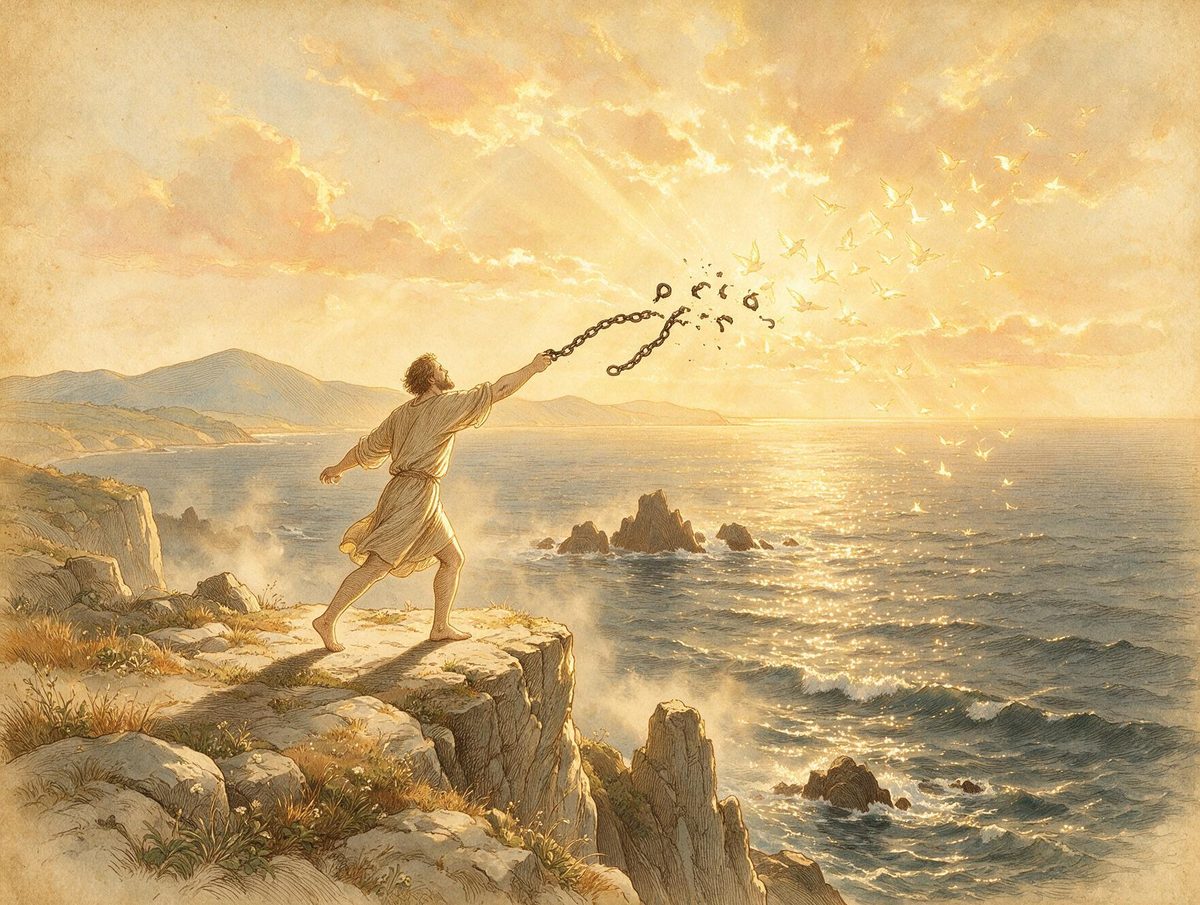 A man hurling a broken chain into the sea, the links scattering into birds of light