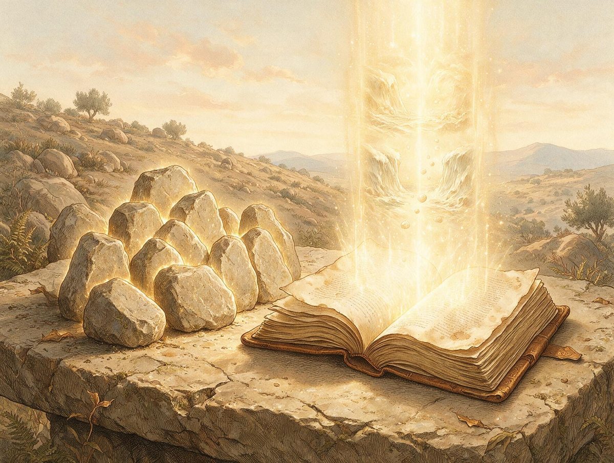 Memorial stones and an open journal radiating remembered works of God