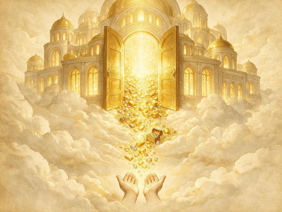 Heaven's storehouses open, treasure pouring toward small empty hands
